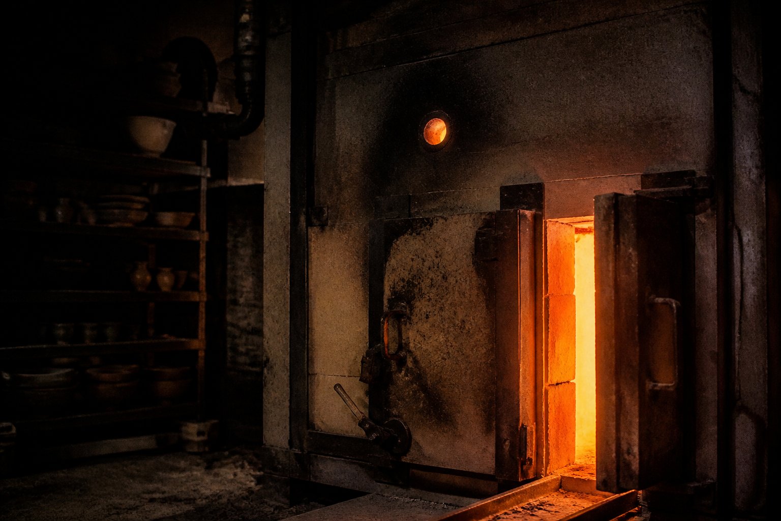 Four de céramiste incandescent dans un atelier